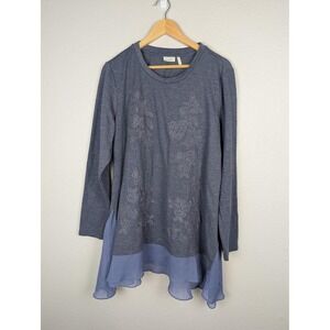 LOGO Lounge Shirt Womens XL Gray Long Sleeve Floral Embroidered Chiffon Tunic